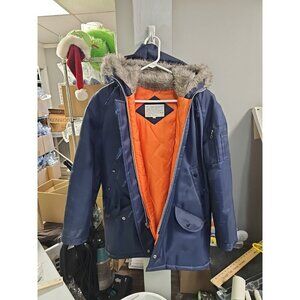 Vintage Blue Faux Fur Hood Coat‎ Jacket 100% Nylon Rubberized Backing Zip Sz L